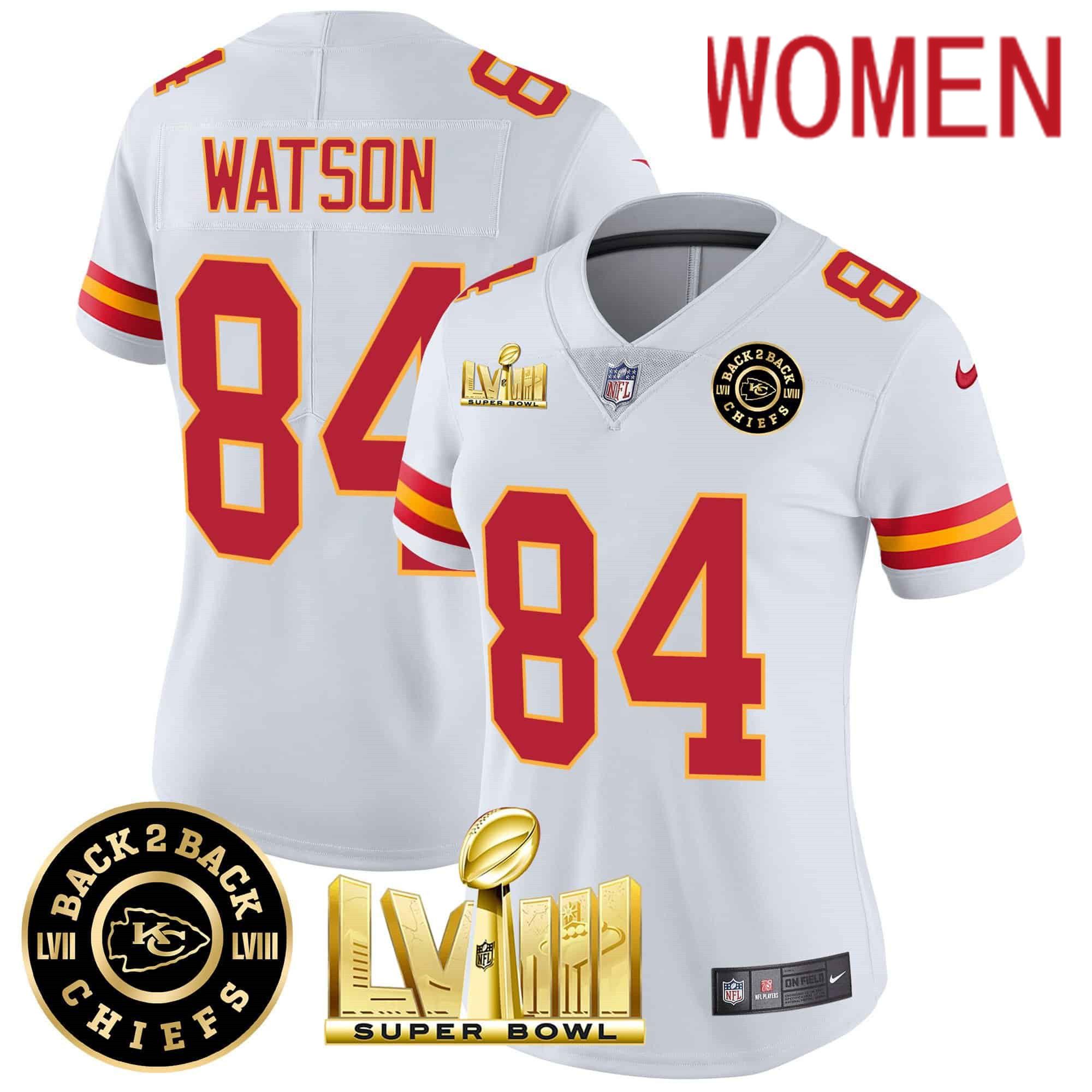 Women Kansas City Chiefs #84 Watson White 2024 Nike Super Bowl LVIII & Back-2-Back Patch Vapor NFL Jersey